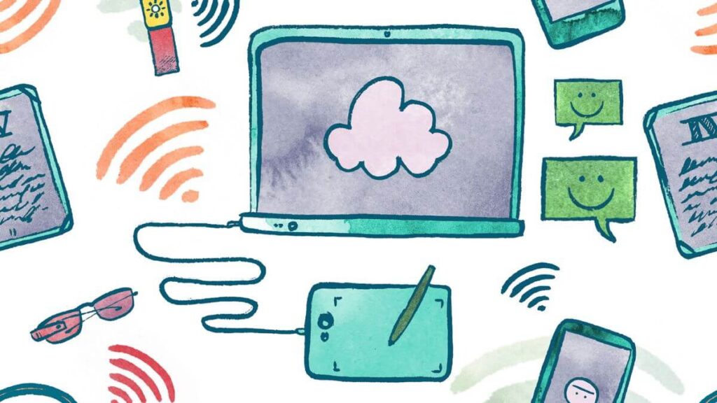 Feature image showing an illustration of a laptop with a connected touchpad and stylus. The laptop is surrounded by illustrated mobile devices, wifi signal signs, glasses and smiling speech bubbles.