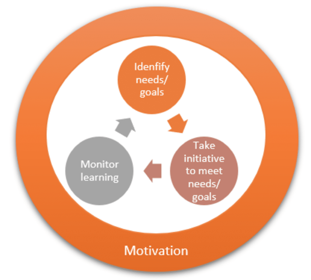 Diagram Description: A circular diagram illustrating the cycle of learning, surrounded by an outer orange ring labeled 'Motivation.' Inside the circle are three interconnected elements: (1) 'Identify needs/goals' (top, in orange), (2) 'Take initiative to meet needs/goals' (right, in orange), and (3) 'Monitor learning' (left, in grey). Arrows connect these three elements, indicating a continuous process.