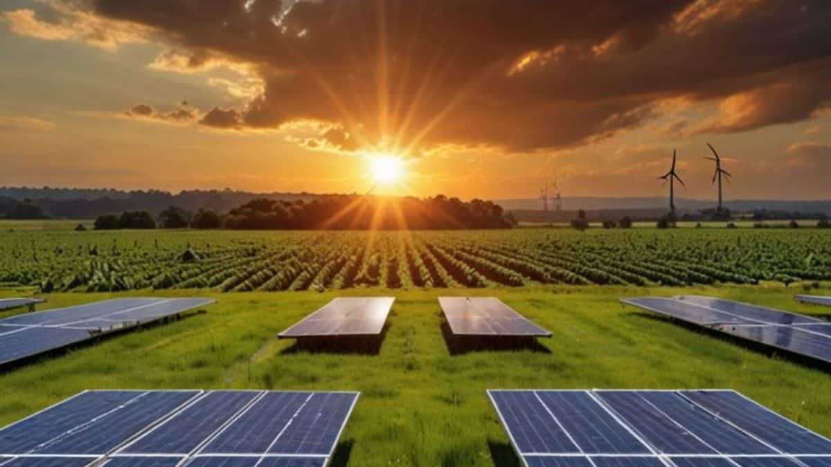 Sunset over a field with solar panels