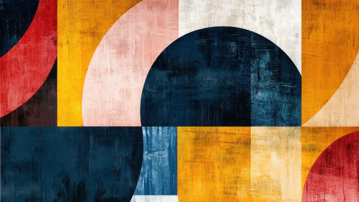 Abstract art dark blue semi circles and orange and pink shapes