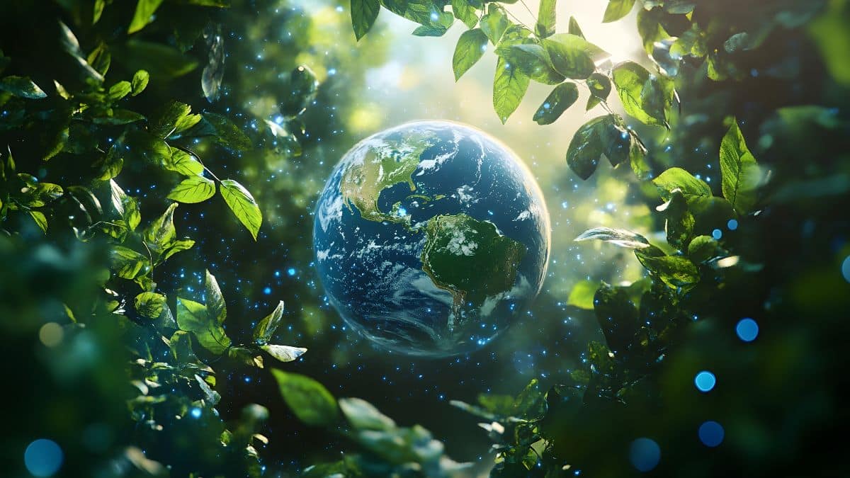 A globe surrounded by green foliage