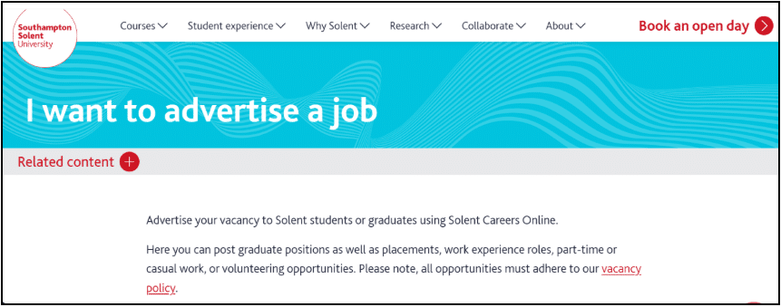 Screenshot of Southampton Solent University's website showing a page titled "I want to advertise a job." The page includes a teal wave-patterned banner and introductory text explaining that employers can post vacancies, placements, work experience, part-time, casual, or volunteering roles for Solent students and graduates via Solent Careers Online.