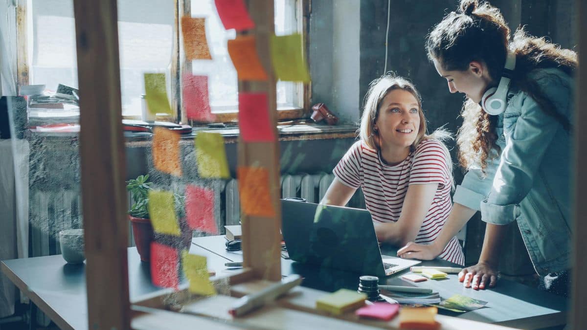 Feature image: two colleagues collaborate at a desk in a sunlit studio