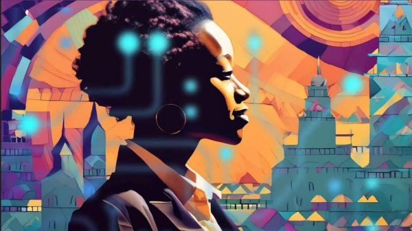 A colourful image with a black person's silhouette at the centre