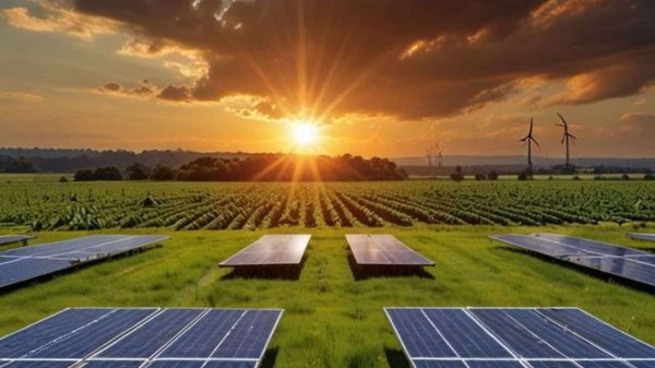 Sunset over a field with solar panels