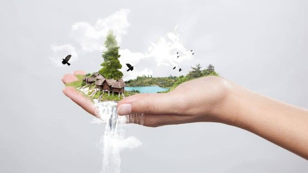 Webinar feature image, trees, lake, clouds, house on a palm of a hand