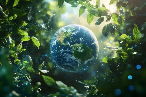 A globe surrounded by green foliage